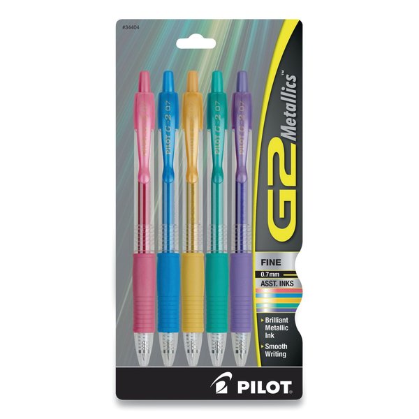Pilot G2 Metallics Gel Pen, Retractable, Fine 0.7 mm, Assorted Ink and Barrel Colors, 5PK 34404